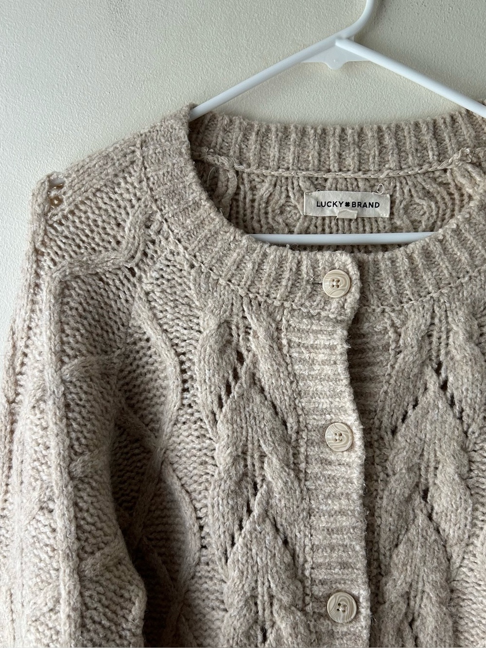 Lucky Brand Cableknit Chunky Cardigan Sweater Heathered Oatmeal Cream M - Picture 3 of 10